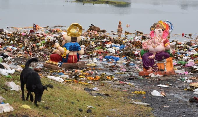 Ganesh Idols thrown in Sewage River at indore