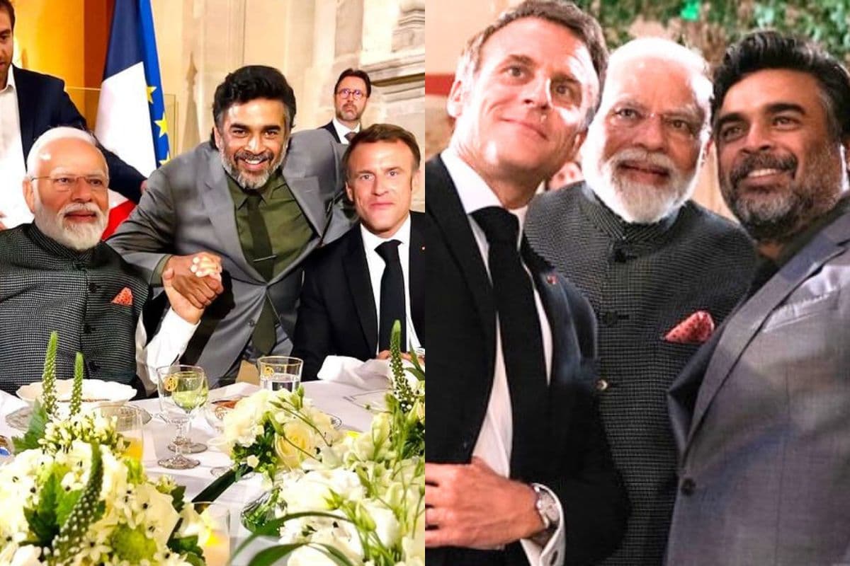 R Madhavan seen with PM Modi and French President Emmanuel Macron