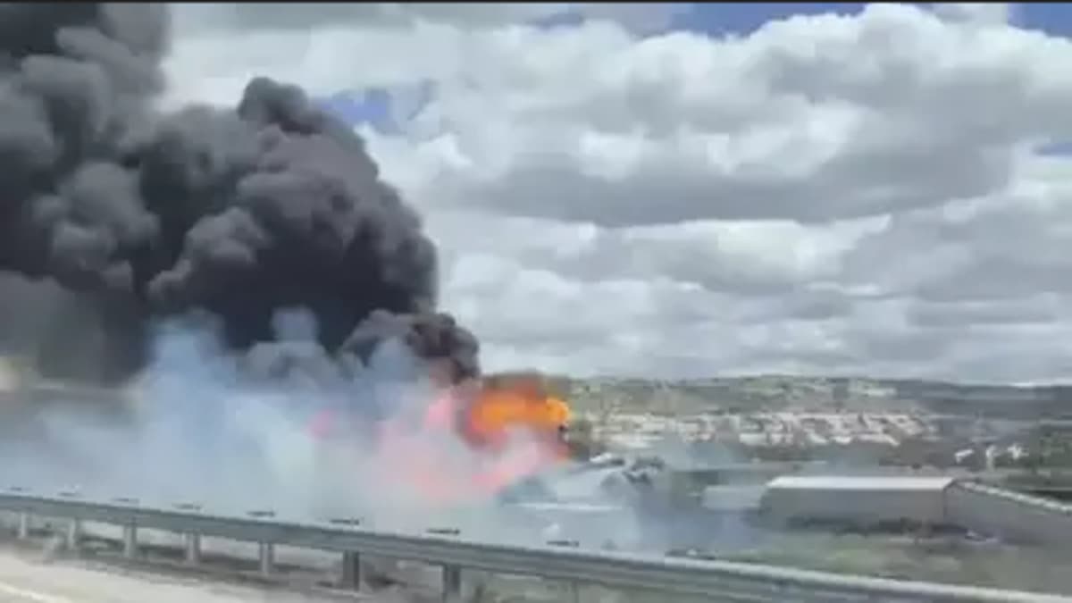 Freight train catches fire