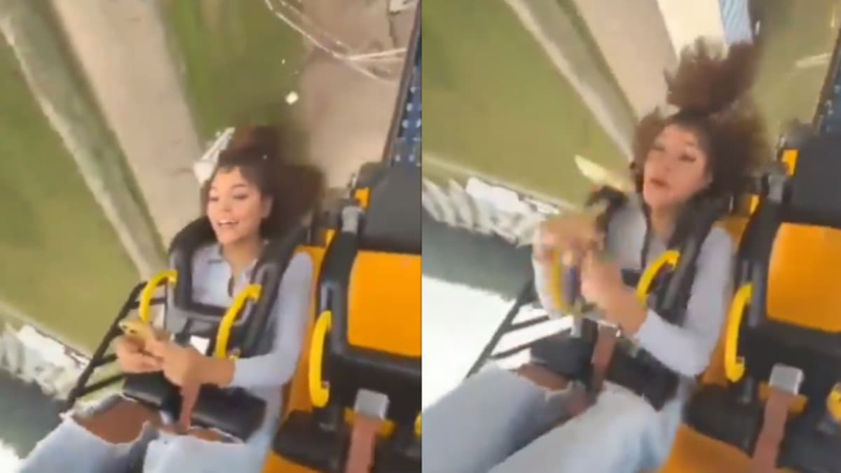 girl accidentally drops her phone from rollercoaster