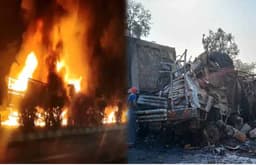 तीन ट्रकों में भीषण टक्कर के बाद लगी आग, ट्रक ड्राइवर की जिंदा मौत, एक गंभीर