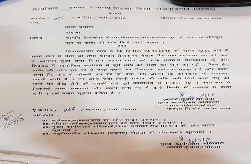 Rajnandgaon patrika कांग्रेस विधायक और सीईओ विवाद थाने पहुंचा, विधायक ने बदतमीजी तो सीईओ ने रुपए मांगने की शिकायत की