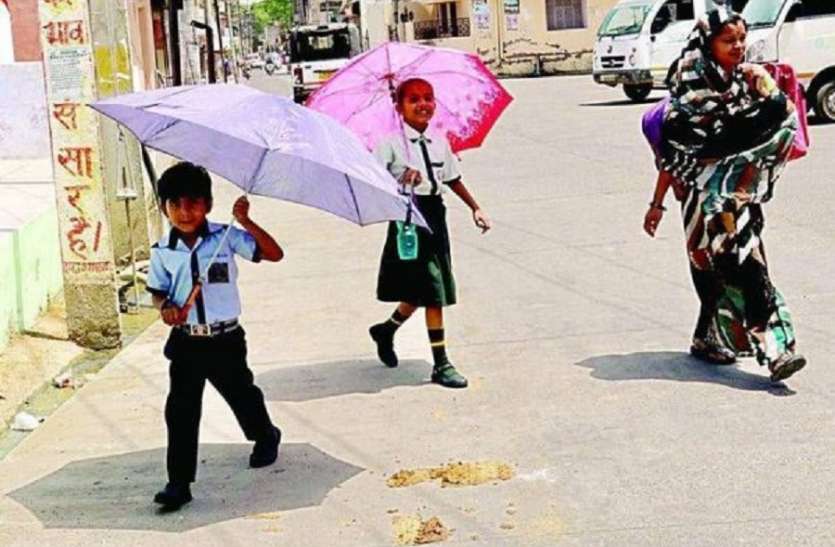 गर्मी में स्कूल से घर लौटते बच्चे गर्मी के चलते जिले के स्कूल हुए बंद