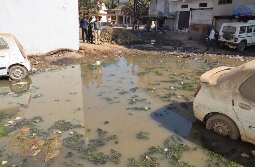 Dump water filled in front of the shops due to lack of clearance यहां निकासी न होने के कारण दुकानों के सामने भर रहा गंदा पानी
