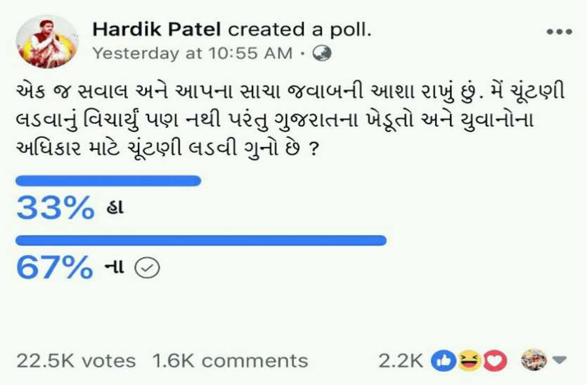 Hardik Patel हार्दिक पटेल के ६७ प्रतिशत समर्थक बोले, चुनाव लडऩा अपराध नहीं !