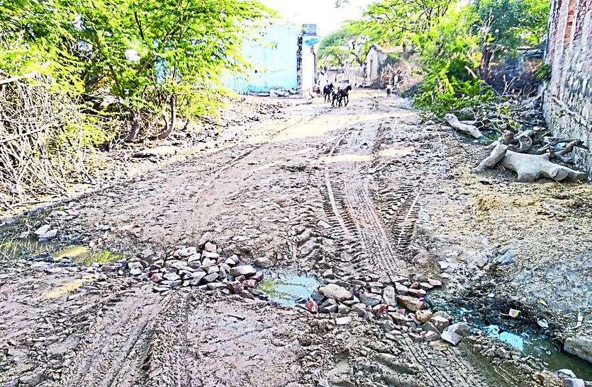सीसी सड़क का घटिया निर्माण कार्य। घटिया निर्माण के चलते ग्रामीणों ने रुकवाया कार्य
