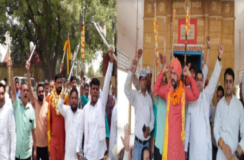naveen jai hind gave political speech in temple नवीन जयहिंद ने उड़ाई चुनाव आचार संहिता की धज्जियां,पलवल के परशुराम मंदिर में लहराए फरसे, मंदिर प्रांगण में दिया भाषण