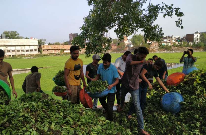 Student Council team trades three trolley by dedicating tribute विद्यार्थी परिषद की टीम ने श्रमदान कर निकाली तीन ट्राली जलकुंभी