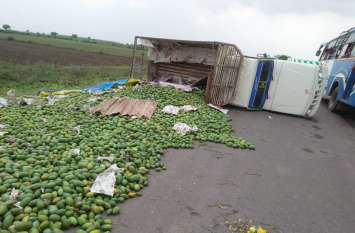 UP cargo cargo cargo refueling from Damoh, one injured यूपी से दमोह जा रहा माल वाहक वाहन पलटा, एक घायल