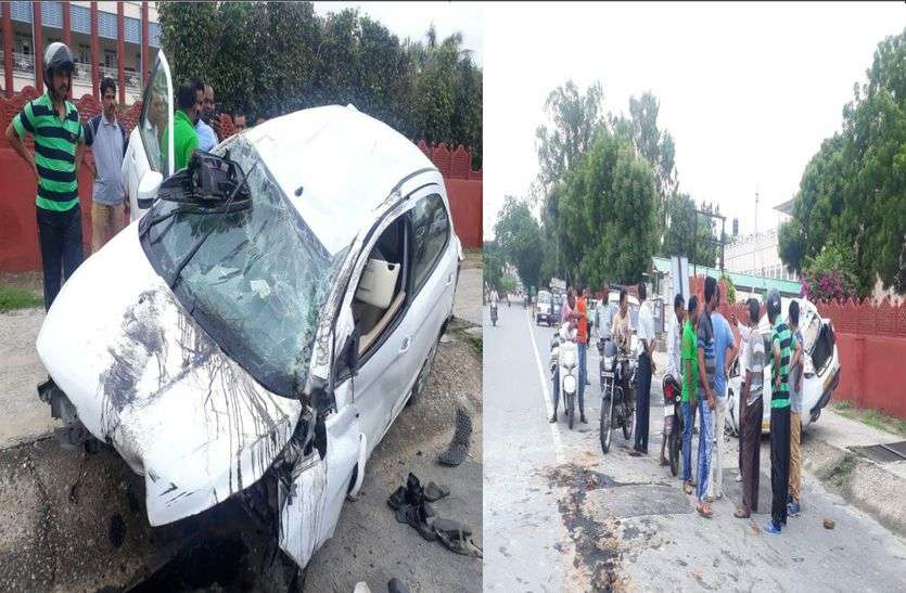 Car collided with divider, airbeg open then left life Accident-डिवाइडर से टकरा कर पलटी कार, एयरबेग खुले तो बची जान