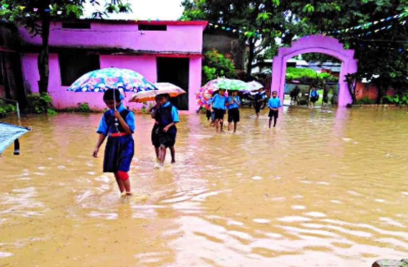 The rain water is causing trouble to students in the school premises बारिश का पानी स्कूल परिसर में छात्र-छात्राओं को हो रही परेशानी