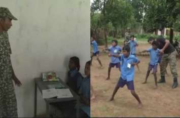 Naxalite area security personal teaching students in chhattisgarh गोली की बोली नहीं शिक्षा की अलख भी जगा रहे नक्सल इलाके में तैनात जवान