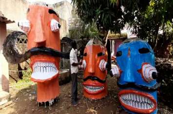 Preparation of Dussehra in Banswara, Mannequins making starts देखिए..बांसवाड़ा में दशहरे की तैयारी, बारिश से भीगे दशानन के सिर, अब मौसम खुला तो मेघनाद-कुंभकरण भी बनने शुरू