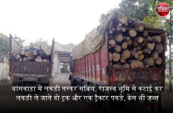 Wood smugglers active in Banswara, two trucks and a tractor carrying w बांसवाड़ा में लकड़ी तस्कर सक्रिय, राजस्व भूमि से कटाई कर गीली लकड़ी ले जाते दो ट्रक और एक ट्रैक्टर पकड़े, क्रेन भी जब्त