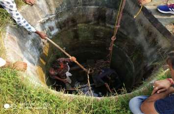A crocodile child fell into a well through the fields खेतों से होते हुए कुएं में गिर गया मगरमच्छ का बच्चा