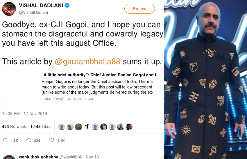अयोध्या विवाद पर फैसला देने वाले पूर्व CJI रंजन गोगोई के बारे में विशाल ददलानी ने कह दी ऐसी बात, मचा बवाल