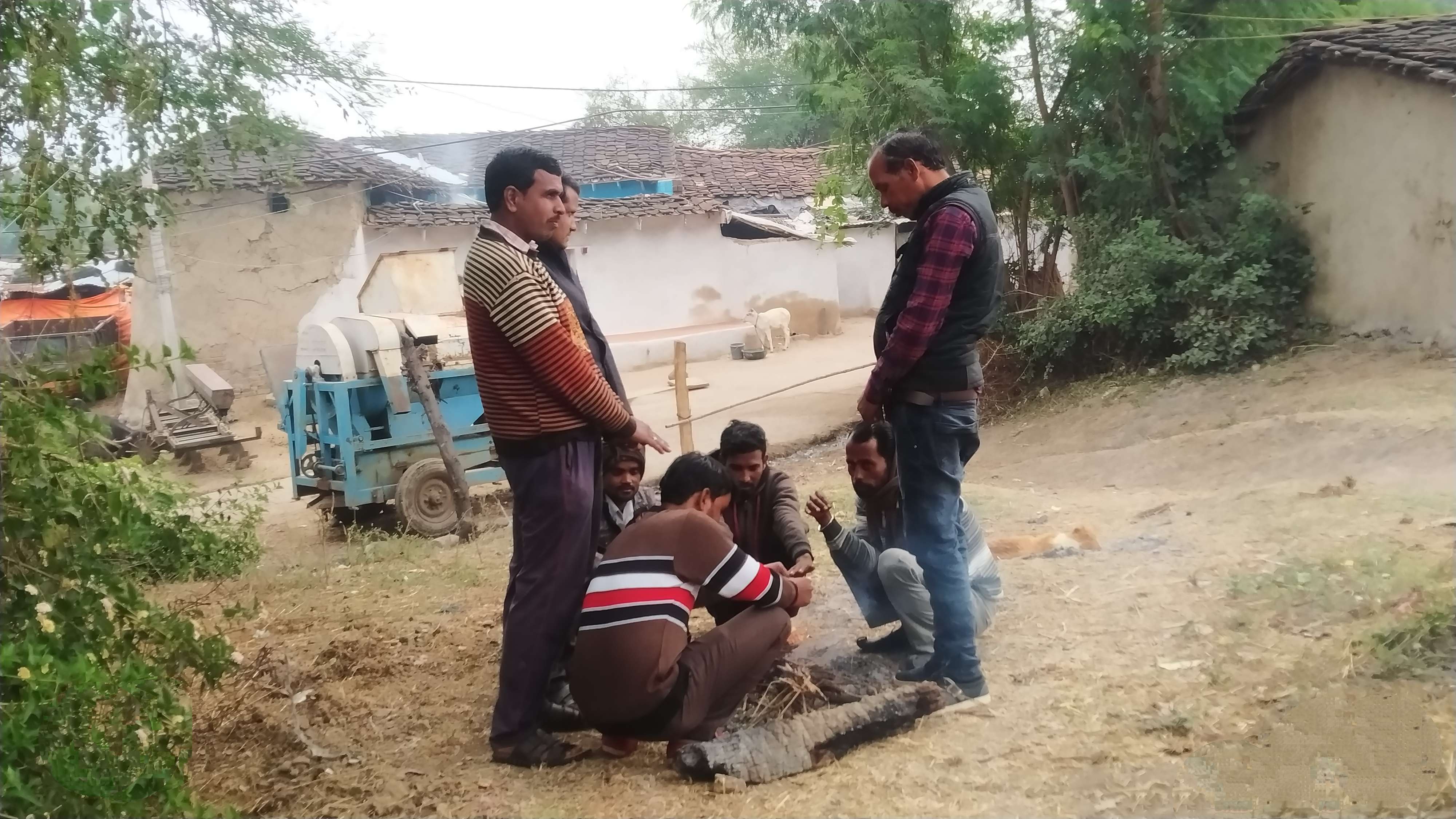 बामौरीशाला। ठंड से बचने अलाव के पास बैठे नजर आए ग्रामीण।