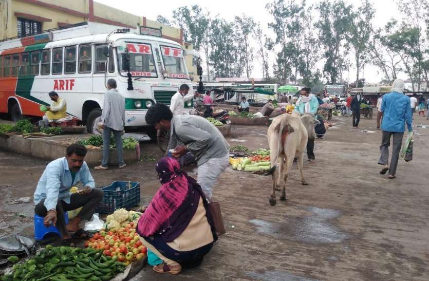 इस तरह बसस्टैंड परिसर में लगीं सब्जी की दुकानें। बस स्टैंड हुआ सब्जी मंडी में तब्दील