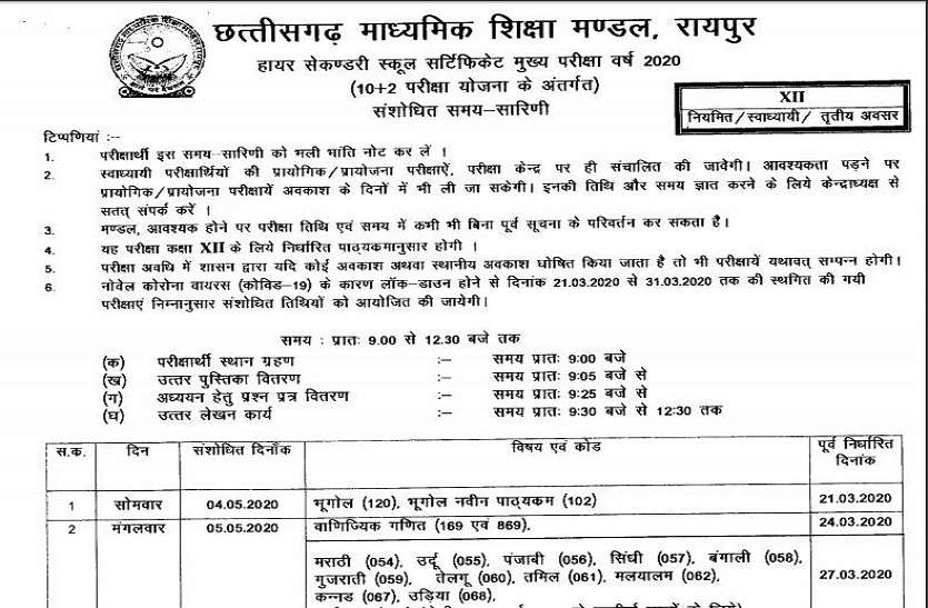 Cgbse 10th 12th New Time Table 19 Released Check Cg Time Table Cgbse 10th 12th Exam Dates छत त सगढ ब र ड 10व और 12व पर क ष क नई त र ख ह ई घ ष त ज न नई ड ट Patrika News