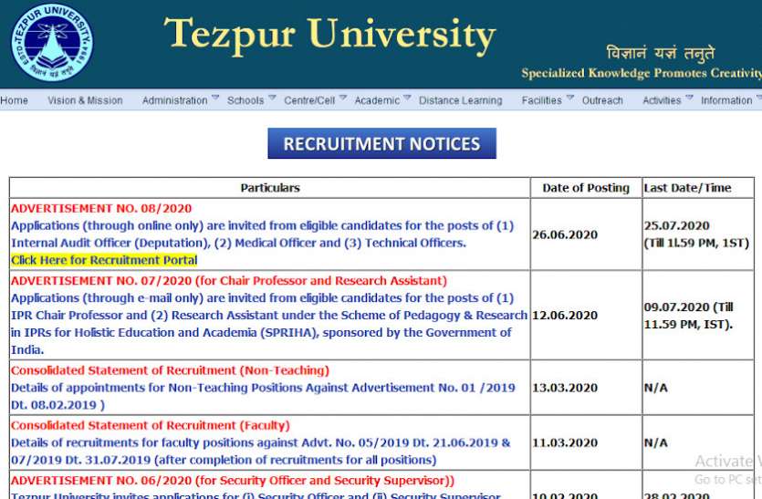 Tezpur University Recruitment 2020 Tezpur University Recruitment 2020: तकनिकी अधिकारी के 96 पदों पर निकली वेकेंसी, जल्द करें अप्लाई