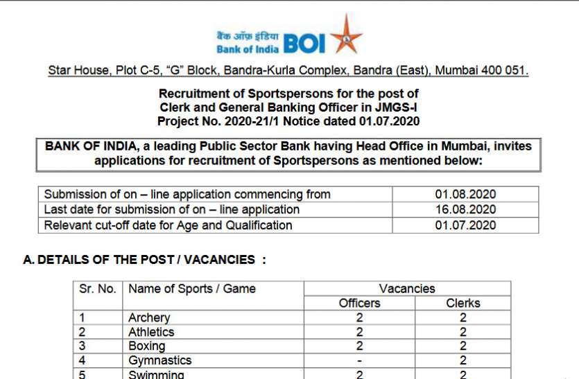 Bank of India Recruitment 2020 Bank of India Recruitment 2020: स्पोर्ट्सपर्सन के लिए लिपिक और बैंकिंग ऑफिसर के पदों पर निकली भर्ती, जानें पूरी डिटेल्स