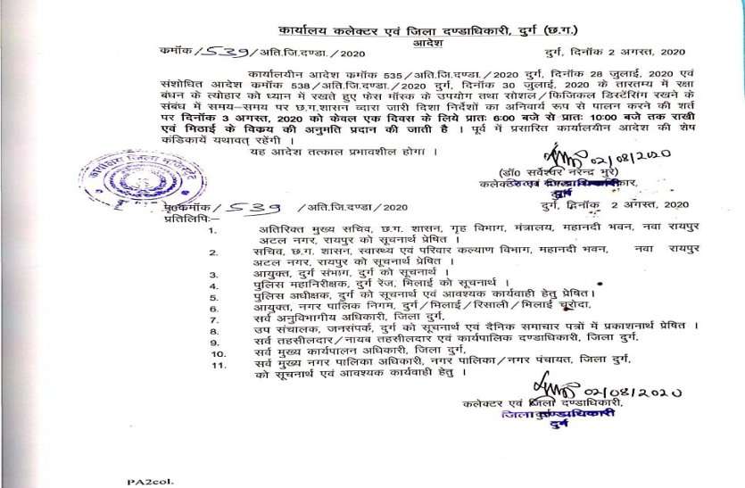 बड़ी खबर: राखी के दिन सुबह 6 से 10 बजे तक खुलेंगी दुकानें, दुर्ग कलेक्टर ने जारी किया आदेश