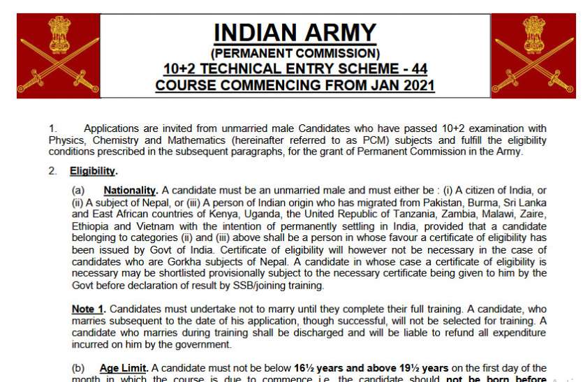 Indian Army TES 44 Recruitment 2020 Notification Indian Army Recruitment 2020 : 10+2 टेक्निकल एंट्री स्कीम (TES) के लिए नोटिफिकेशन जारी, जानें पूरी डिटेल्स