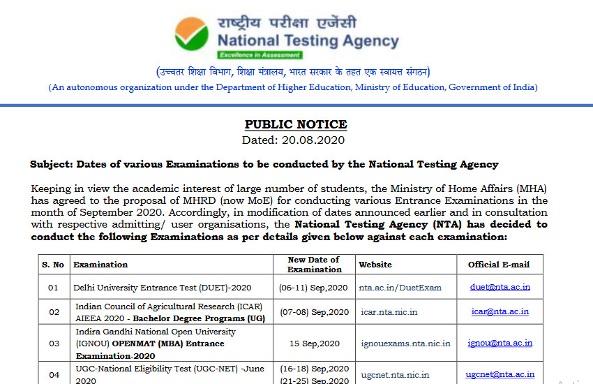 NTA UGC NET , DUET, IGNOU OPENMAT Exam 2020 Schedule NTA Exam 2020