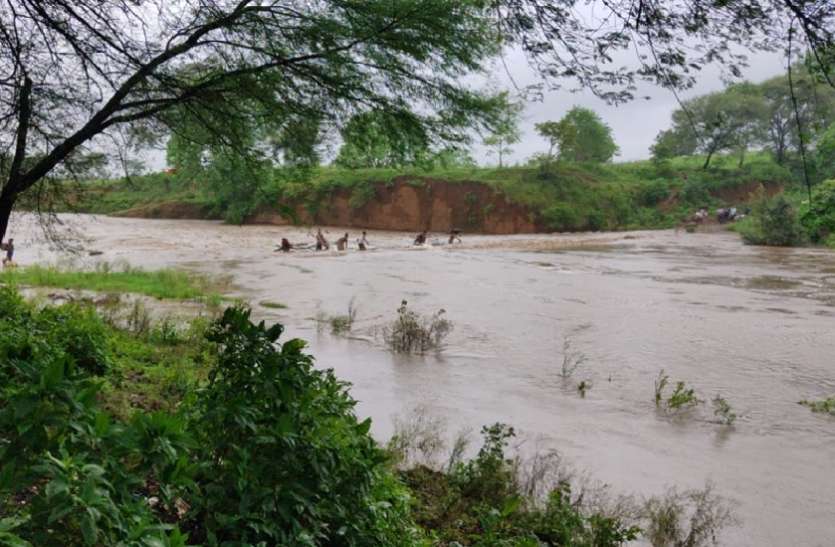 नर्सिंहपुर में बाढ़ का दृश्य जिले के नदी नालों में उफान, बह गया युवक