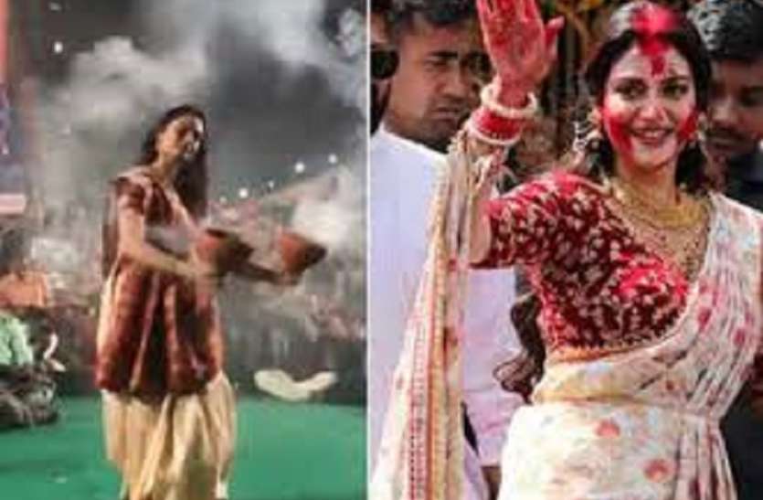 WEST BENGAL DURGA PUJA-लाल पाड़ की साड़ी में ढाक पर थिरकीं सांसद अभिनेत्री नुसरत WEST BENGAL DURGA PUJA-लाल पाड़ की साड़ी में ढाक पर थिरकीं सांसद अभिनेत्री नुसरत