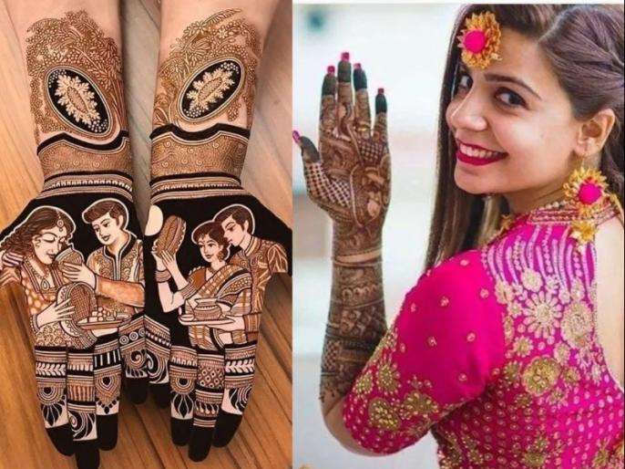 Beautiful woman dressed up as Indian tradition with henna mehndi design on  her both hands to celebrate big festival of Karwa Chauth, Karwa Chauth  celebrations by Indian woman for her husband 16682822