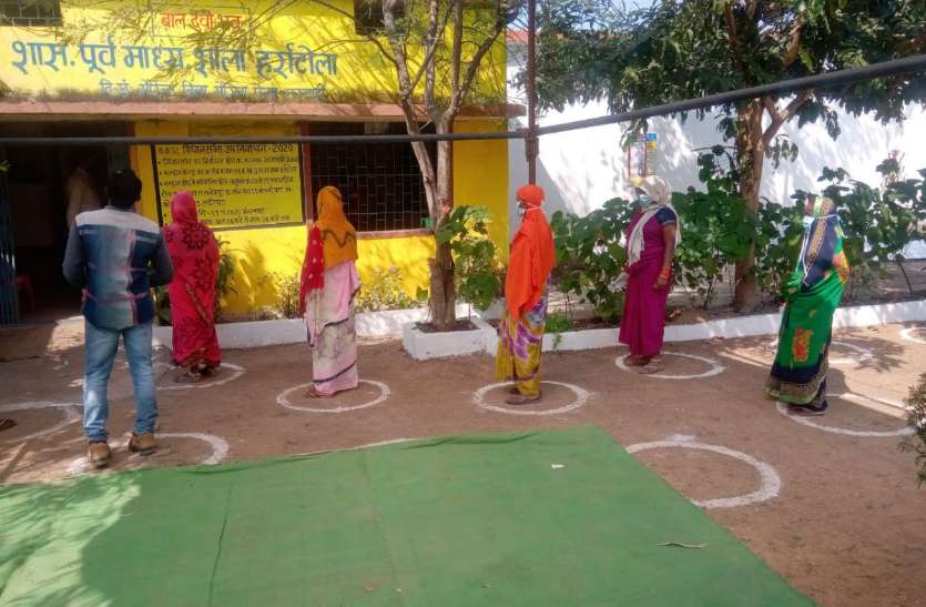 मरवाही उपचुनाव: पहली बार दिखे ऐसे नजारे, मास्क-ग्लब्स, सोशल डिस्टेंसिंग और सैनिटाइजर के साथ हो रही वोटिंग