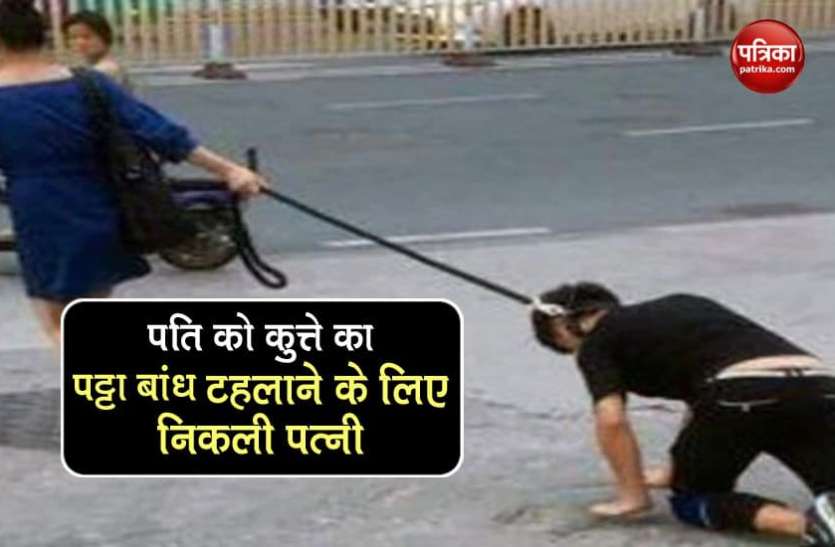 husband out with dog leash पति के गले में कुत्ते का पट्टा डाल टहलाने के लिए निकली महिला, पुलिस ने लगा दिया एक लाख 75 हजार रुपये का जुर्माना