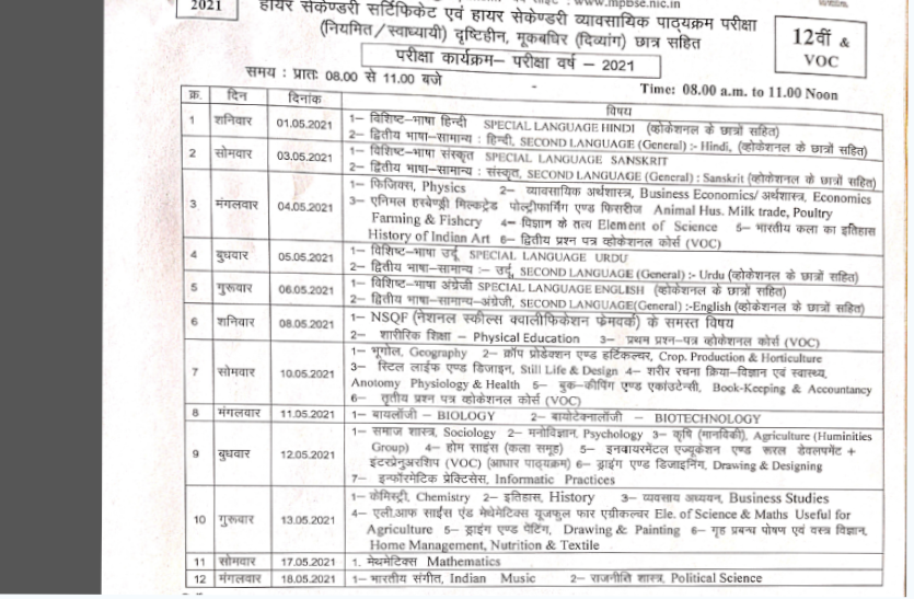 MP Board Exam Date 2020: MPBSE Class 10th & 12th time table