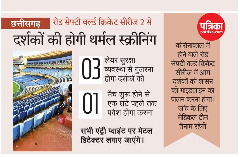 cg news रोड सेफ्टी वल्र्ड क्रिकेट सीरीज: स्टेडियम में खाने-पीने का सामान नहीं ले जा सकेंगे दर्शक, थर्मल स्क्रीनिंग के बाद मिलेगा प्रवेश