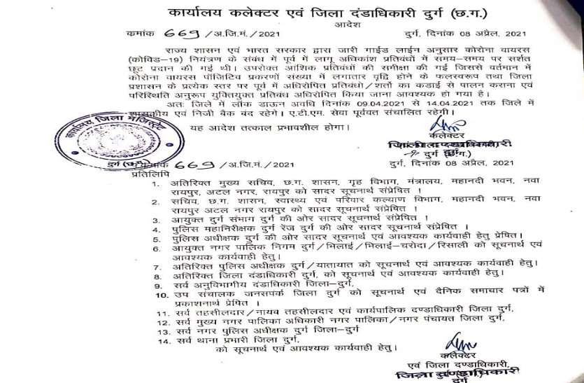लॉकडाउन में बंद रहेंगे निजी और सरकारी बैंक, दुर्ग कलेक्टर ने जारी किया आदेश, कहा सख्ती से गाइडलाइन का पालन कराए अधिकारी लॉकडाउन में बंद रहेंगे निजी और सरकारी बैंक, दुर्ग कलेक्टर ने जारी किया आदेश, कहा सख्ती से गाइडलाइन का पालन कराए अधिकारी