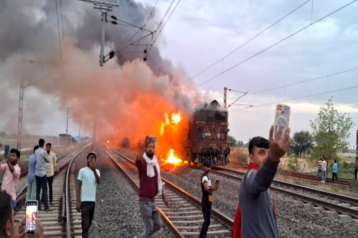 Fire in goods train Engine