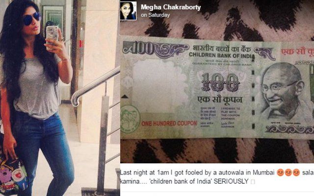 megha duped by autowala ऑटोवाले ने एक्ट्रेस को बच्चों वाला नोट देकर बनाया बेवकूफ, फेसबुक पर निकाला गुस्सा