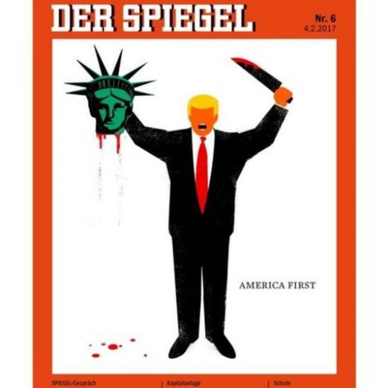 Trump cartoon ट्रंप के हाथ में स्टेच्यू ऑफ लिबर्टी के कटे सिर वाले कार्टून पर बवाल